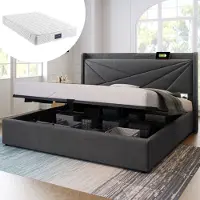 STILVORA Tweepersoonsbed 160x200 cm – Grijs gestoffeerd – USB-C – Opbergruimte – Met matras – Pocketveren