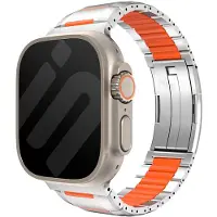 Strap-it Stalen hybrid bandje geschikt voor Apple Watch 1/2/3/4/5/6/7/8/9/10/11/SE/SE2/SE3/Ultra (2/3) - iWatch bandje voor maat: 44/45/46/49mm (Titanium/Oranje)