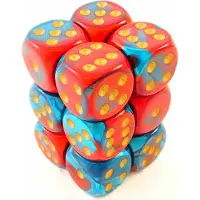 Chessex Gemini Red-Teal/gold D6 16mm Dobbelsteen Set (12 stuks)