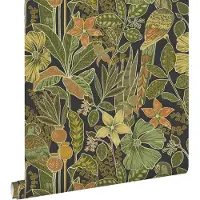 ESTAhome behang tropische bloemen en paradijsvogels vergrijsd olijfgroen - 50 x 900 cm - 131160