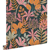 ESTAhome behang bladeren oranje, roze en donkerblauw - 50 x 900 cm - 130993