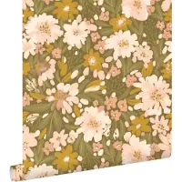 ESTAhome behang bloemen vergrijsd olijfgroen, licht roze en mosterdgeel - 50 x 900 cm - 130927