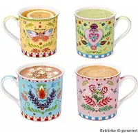 MamboCat 4-delige set SPRING FOLK koffiemokken elk 1x Geel, Groen, Roze & Blauw van porselein – R0179#SFOL