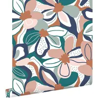 ESTAhome behang bloemmotief zacht roze, terracotta en blauw - 50 x 900 cm - 139630