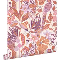 ESTAhome behang tropische bloemen en paradijsvogels oranje en paars - 50 x 900 cm - 131155