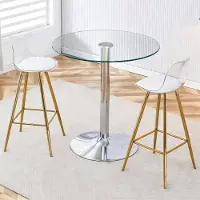 STILVORA Bartafelset 89 cm - Ronde Glastafel Met 2 Barkrukken - Voor Keuken En Bar - Metaal Glas - Goud Transparant