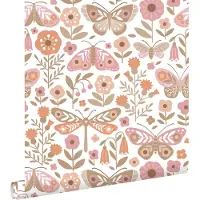 ESTAhome behang bloemen & vlinders wit, bruin en roze - 50 x 900 cm - 131884