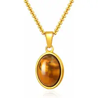 Mendes Goudkleurige Heren Ketting met Ovale Bruine Edelsteen Hanger