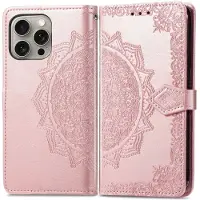 Mobigear Telefoonhoesje geschikt voor Apple iPhone 16 Pro Hoesje | Mandala Bookcase Portemonnee | Pasjeshouder voor 3 Pasjes | Telefoonhoesje voor Pinpas / OV Kaart / Rijbewijs - Roségoud