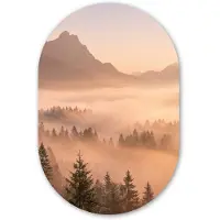 MuchoWow Muurovaal 80x120 cm - Ovale wanddecoratie Zonlicht - Mist - Bergen - Bomen - Ovalen schilderij - Muurdecoratie woonkamer - Kamer decoratie - Schilderijen - Wandcirkel