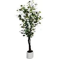 Happiq Kunstmatige Eucalyptusboom met LED - Voor Thuiskantoor & Kamerdecoratie - Nep Potplant met Witte Plantenbak - Housewarming Gift - Groen-150cm