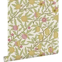 ESTAhome behang exotisch fruit en bladeren groen, roze en okergeel - 50 x 900 cm - 131169