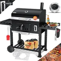Kesser Houtskoolbarbecue XXL Barbeque Houtskool met Deksel, Wielen, Roestvrij Stalen Handvat, Barbecuerooster en Thermometer, 8 Spiesen met Zakje & siliconen Borstel, grote BBQ Camping Terras Tuin
