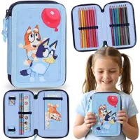 Blueys Bluey Etui met twee vakken en benodigdheden voor kinderen, voor school – 22 onderdelen, 2 ritsen
