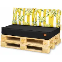 Blomster - Palletkussens 120x80 cm - Zwart met citroenen gestreept - 3-delige set - Zitkussen en rugkussens voor tuin en balkon
