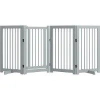 PawHut Absperrgitter Hund 4-teilig, 220 x 91 cm Faltbar Türschutzgitter mit Tür, Freistehend Hundegitter mit 2 Stützfüßen, Treppengitter aus Holz für Flur, Küche, Treppe, Hellgrau