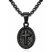 Mendes Zwarte Heren Ketting met Ovale Kruis Hanger