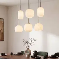 LumenXL Moderne beige hanglamp Odalyn met 6 kappen van geribbeld melkwit glas