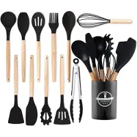 MODFU – Silicone Keukengerei Set met Houten Handvatten – 12-delig – Hittebestendig & Krasvrij – Koken en Bakken – BPA-vrij & Vaatwasserbestendig – Inclusieve Opberghouder – Zwart
