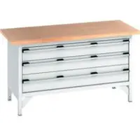 Bott cubio box-type werkbank, beuken multiplex blad, B 1500 x D 750 x H 840 mm, draagvermogen 600 kg, 3 laden, lichtgrijs RAL 7035