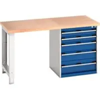Bott cubio werkbank, met ladekast, beuken multiplex blad, B 1500 x D 750 x H 840 mm, tot 1200 kg, staal, lichtgrijs/gentiaanblauw