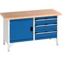Bott Werkbank type box KW-1578-2.3, 3 gesloten laden, vleugeldeur, multiplex beuken blad, 1500 x 750 x 840 mm, gentiaanblauw/lichtgrijs