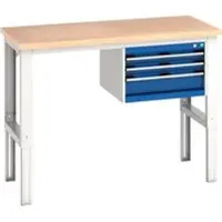 Bott cubio werkbank, handmatig in hoogte verstelbaar 740-1140 mm, beuken multiplex blad, B 1500 mm, belastbaar 800 kg, stalen frame, 3 laden