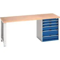 Bott cubio werkbank, met ladekast, beuken multiplex blad, B 2000 x D 750 x H 840 mm, belastbaar 700 kg, lichtgrijs/enzianblauw