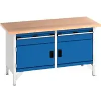 Bott cubio box-type werkbank met 2 laden, beuken multiplex blad, B 1500 x D 750 x H 840 mm, gentiaanblauw/lichtgrijs