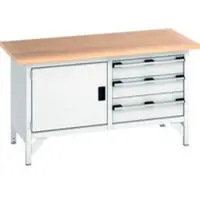 Bott Werkbank type box KW-1578-2.3, 3 gesloten laden, vleugeldeur, multiplex beuken blad, 1500 x 750 x 840 mm, lichtgrijs/lichtgrijs