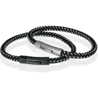TJ Tom Jaxon Tom Jaxon Heren armband geweven leer met Edelstaal Zwart-21cm