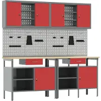 vidaXL Werkbankset met lade 8 pcs Rood en Grijs Gepoedercoat staal