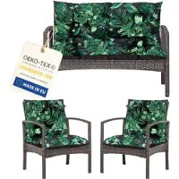 Blomster – Gewatteerde kussenset voor rotan tuinmeubelen – Waterafstotend – Set van 3 (2 stoelkussens + 1 bankkussen) – Zwart met groene bladeren