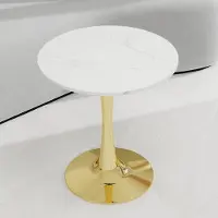 STILVORA salontafel met ronde marmeren tafelblad, geschikt voor 2-4 personen. Bijzetter voor veelzijdig gebruik in woon- en eetkamer. Tafel voor een moderne, mid-century inrichting, goudkleurig