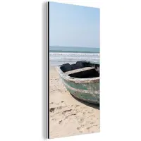 MuchoWow Aluminium schilderij 80x160 cm - Wanddecoratie metaal - Boot - Zandstrand - Zee - Metalen muurdecoratie woonkamer - Decoratie industrieel - Foto op dibond - Industriële accessoires slaapkamer