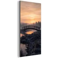 MuchoWow Aluminium schilderij 40x80 cm - Wanddecoratie metaal - Brug - Mist - Bomen - Water - Metalen muurdecoratie woonkamer - Decoratie industrieel - Foto op dibond - Industriële accessoires slaapkamer