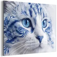 MuchoWow Aluminium schilderij 80x60 cm - Wanddecoratie metaal - Kat - Patroon - Blauw - Metalen muurdecoratie woonkamer - Decoratie industrieel - Foto op dibond - Industriële accessoires slaapkamer