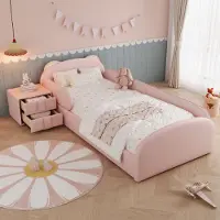 MODFU - Eenpersoonsbed - Berenvormig Hoofdbord En Nachtkastje - Gestoffeerd - PU - Roze - 90x200 Cm