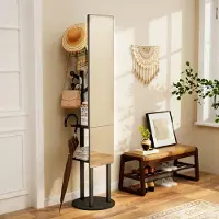 OKWISH Kapstokspiegel – Draaibaar 135 x 30 cm – Spaanplaat En Staal – Zwart – Met Volledige Spiegel En Haken
