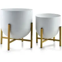 Mondex Bloempot op staander wit en goud metaal. Set van 2 stuks