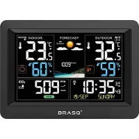 BRASQ Draadloos Weerstation binnen en buiten met CO2 meter - Hygrometer - Met buitensensor tot 60 meter - Luchtvochtigheidsmeter - Thermometer - Barometer - inclusief batterijen