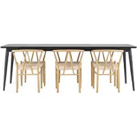 Ebuy24 Ellis eethoek tafel 85x230cm en 6 rattan stoelen met armleuningen stapelbaar zwart.