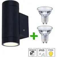 Lybardo - Buitenlamp met sensor dag en nacht - Wandlamp up & down - 2 x LED GU10 Philips - Warmwit licht