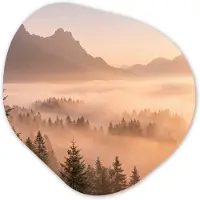 MuchoWow Organische wanddecoratie 40x40 cm - Organisch schilderij Zonlicht - Mist - Bergen - Bomen - Muurdecoratie woonkamer - Kamer decoratie - Schilderijen - Muurcirkel aesthetic