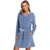 Doctor Nap Velours Badjas Dames Met Capuchon Rits en Zakken SWO.1008 Sky Blue 42 / XL
