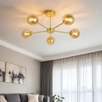 LumenXL Moderne goudkleurige plafondlamp met amberkleurig glas, 5-lichts - Louisa