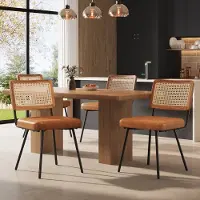 OKWISH Eetkamerstoel 61 X 46 X 79 Cm - Set Van 4 Met Ergonomische Rugleuning - Verstelbare Voetjes - Pu Leer En Pe Rotan - Bruin
