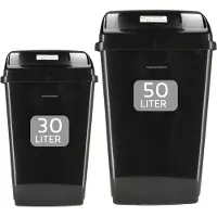 Discountershop Prullenbak Set 30 Liter en 50 Liter Zwart met Deksel – Vuilnisbak Keuken – Afvalemmer Kunststof – Afvalscheiding Prullenbak – 30L + 50L – 50x30x22 cm & 66x33x38 cm – Binnen & Buiten