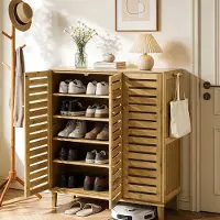 UNHO Bamboe Schoenenkast met 5 Niveaus - Schoenenrek met Ventilerende Lameldeuren - 90.5 x 35 x 103 cm - Naturel Hout
