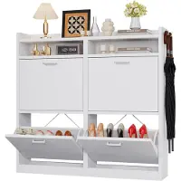 None Schoenenkast - Witte smalle schoenenkast - Houten schoenenrek met 4 planken en klepdeuren, 20 cm dik - Geschikt voor de woonkamer, woonmeubilair